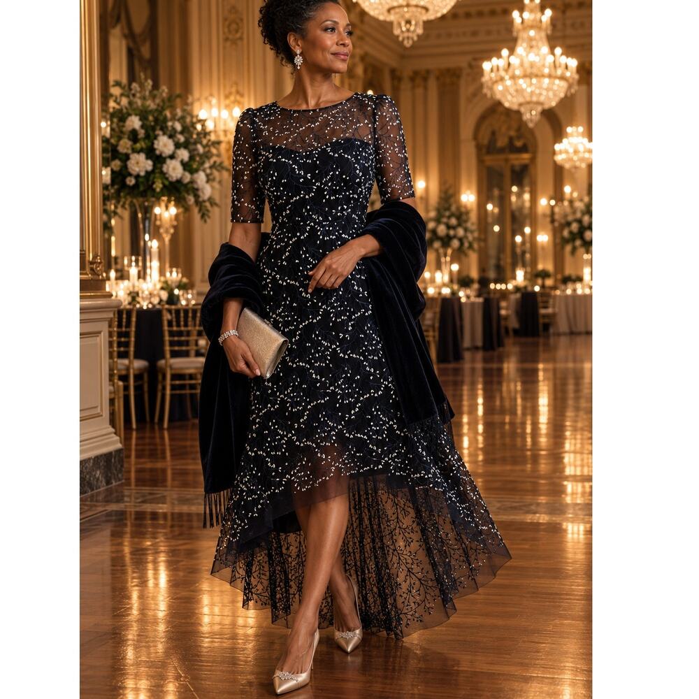 Rickie Freeman Teri Jon Embroidered Illusion Lace High Low Cocktail Dress 18